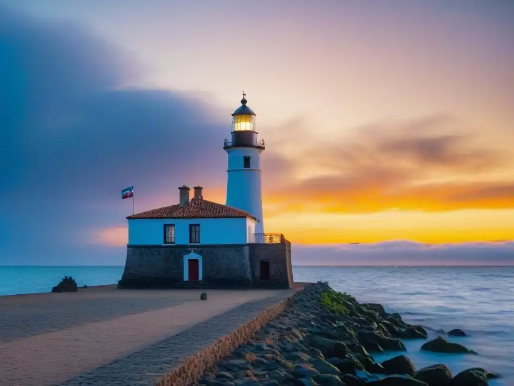 Realidad Aumentada en Colonia del Sacramento: el faro histórico bajo un cielo vibrante al atardecer en el Rio de la Plata