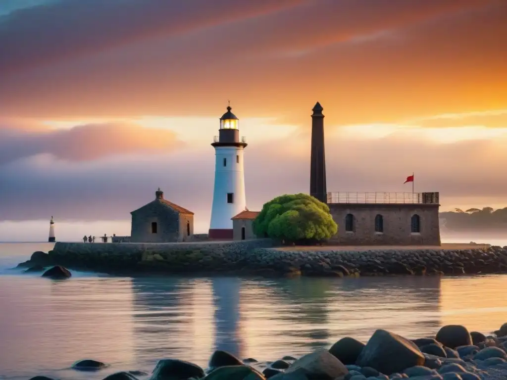 La realidad aumentada en Colonia del Sacramento: un faro histórico en un atardecer vibrante sobre el Río de la Plata