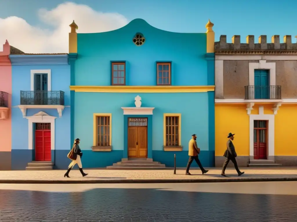 Descubre Uruguay histórico con realidad aumentada: turistas explorando la arquitectura colonial mientras información histórica flota en el aire