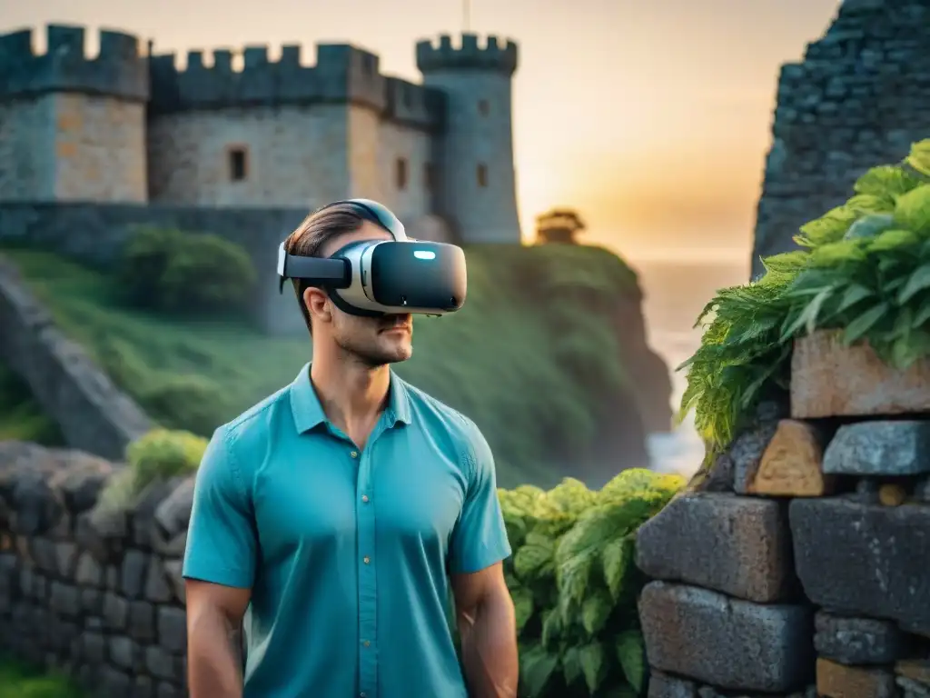 Realidad virtual turismo Uruguay: Headset en castillo histórico con reenactment colonial y paisaje verde