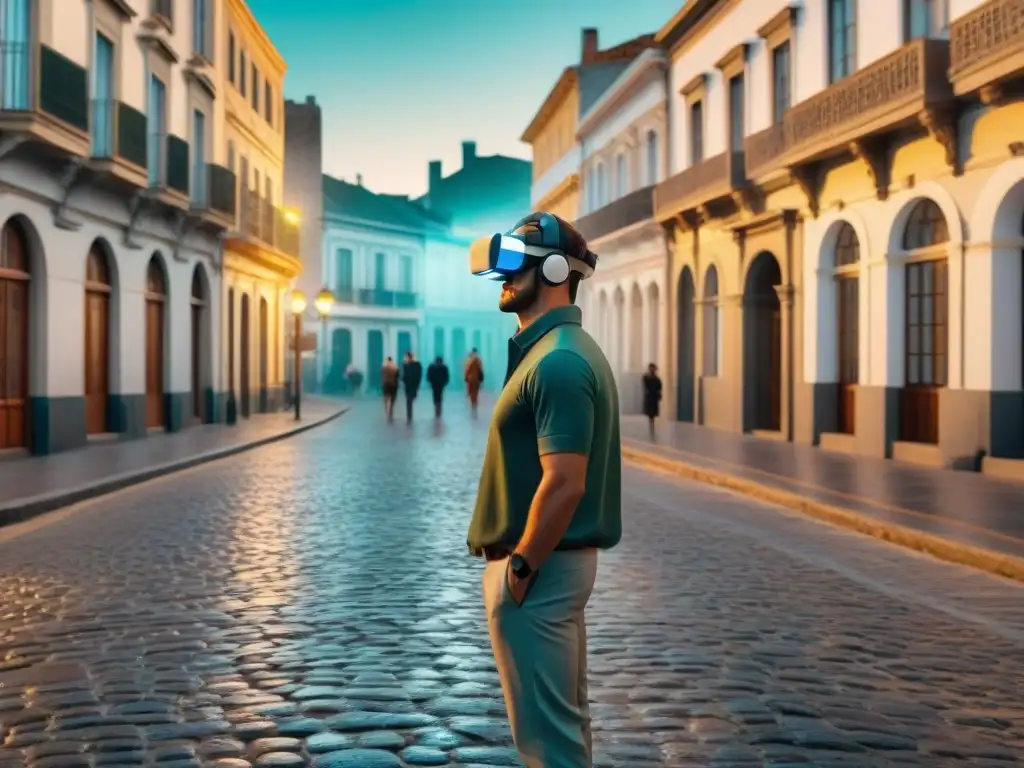 Realidad virtual turismo Uruguay: Fusión del pasado y presente en una calle histórica uruguaya, iluminada por un casco de realidad virtual