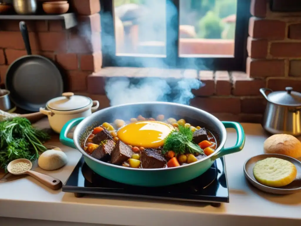 Recetas tradicionales uruguayas de cazuela: Escena nostálgica de cocina con cazuela en ebullición en estufa vintage