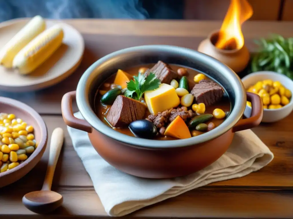 Un reconfortante plato típico uruguayo de invierno, 'Puchero', cocinándose en una olla de barro sobre fuego, con mate y bombilla al fondo