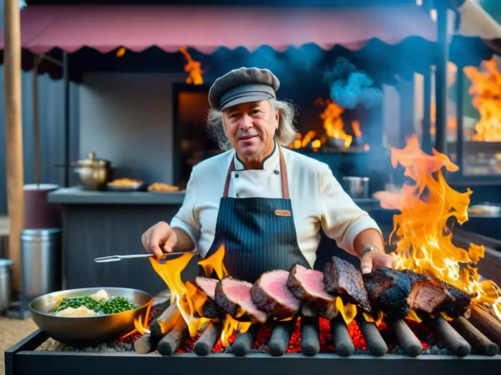 El reconocido chef Francis Mallmann asando carne a la parrilla en su restaurante exclusivo en Uruguay