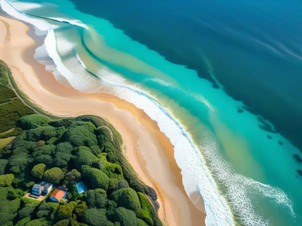 Recorrido aéreo virtual Costa Uruguaya: Costa dorada, aguas turquesas y paisaje pintoresco con barcos pesqueros