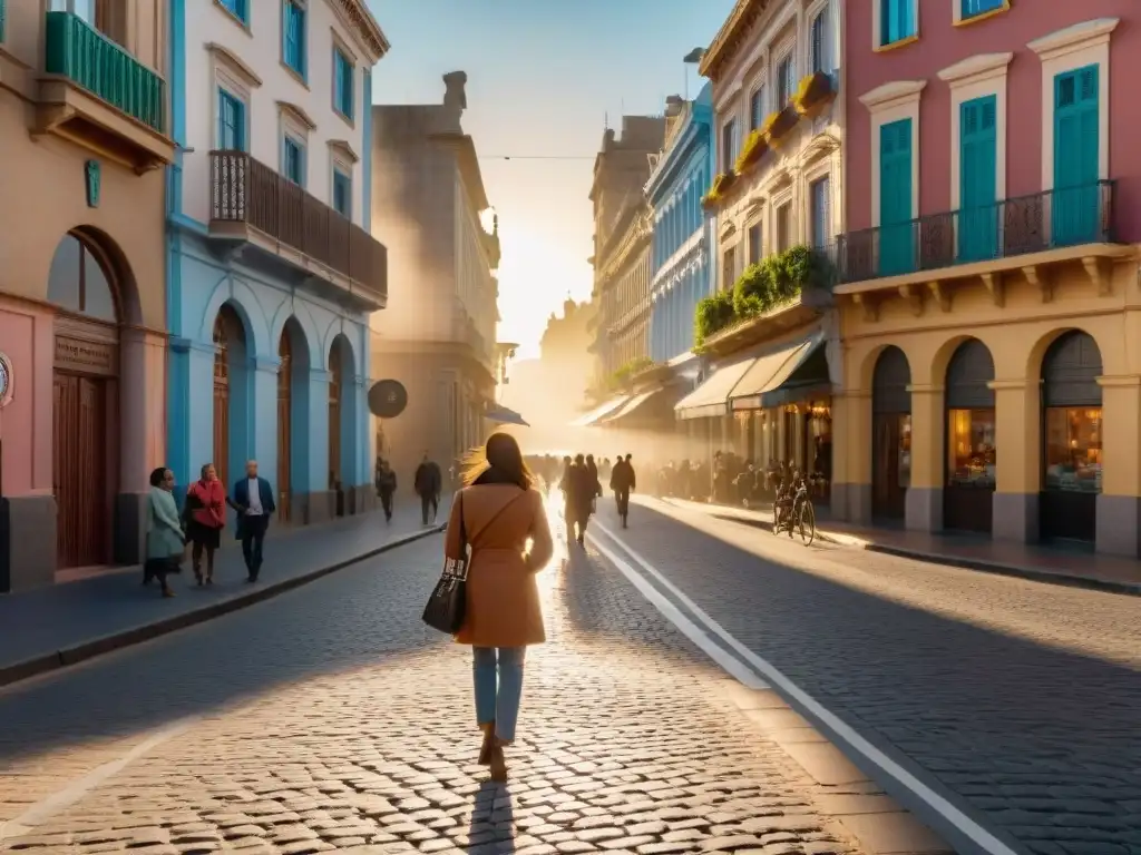 Recorrido fotográfico Montevideo callejero al atardecer, con energía vibrante y edificios coloniales coloridos