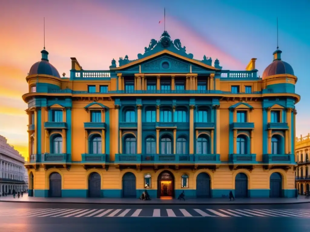 Recorrido histórico Montevideo monumentos: Palacio Salvo iluminado por cálido atardecer, vida urbana bulliciosa