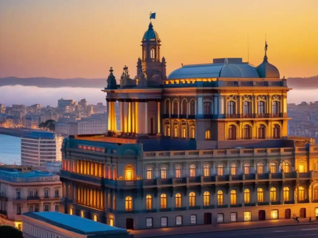 Recorrido histórico Montevideo monumentos: Palacio Salvo en una vibrante puesta de sol, resaltando su arquitectura iluminada