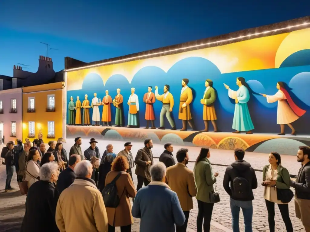 Un recorrido nocturno por murales iluminados en Uruguay cautiva a un grupo diverso bajo la luz de las farolas