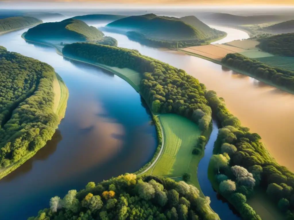 Recorrido virtual por el río Uruguay al atardecer, entre bosques verdes y colinas, con barcos navegando