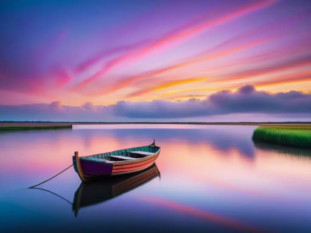 Recorrido virtual por el río Uruguay al atardecer con reflejos de un bote de madera en aguas serenas y un cielo pintado de colores cálidos