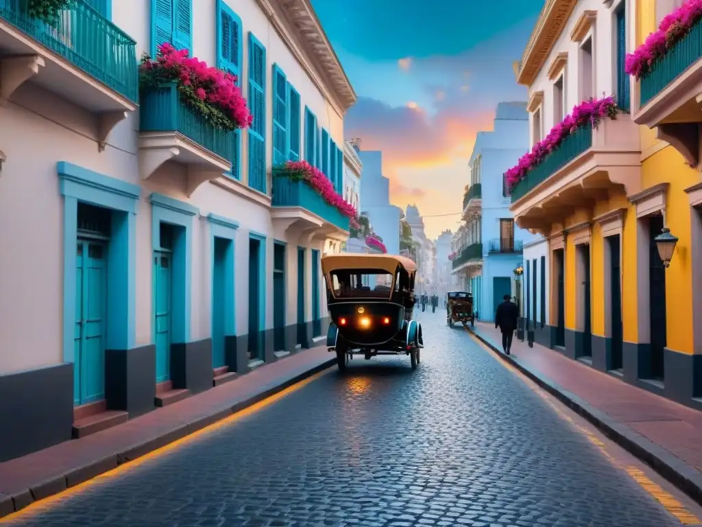 Recorridos privados por las calles coloniales de Montevideo, Uruguay, con balcones floridos y carruaje histórico bajo el sol cálido