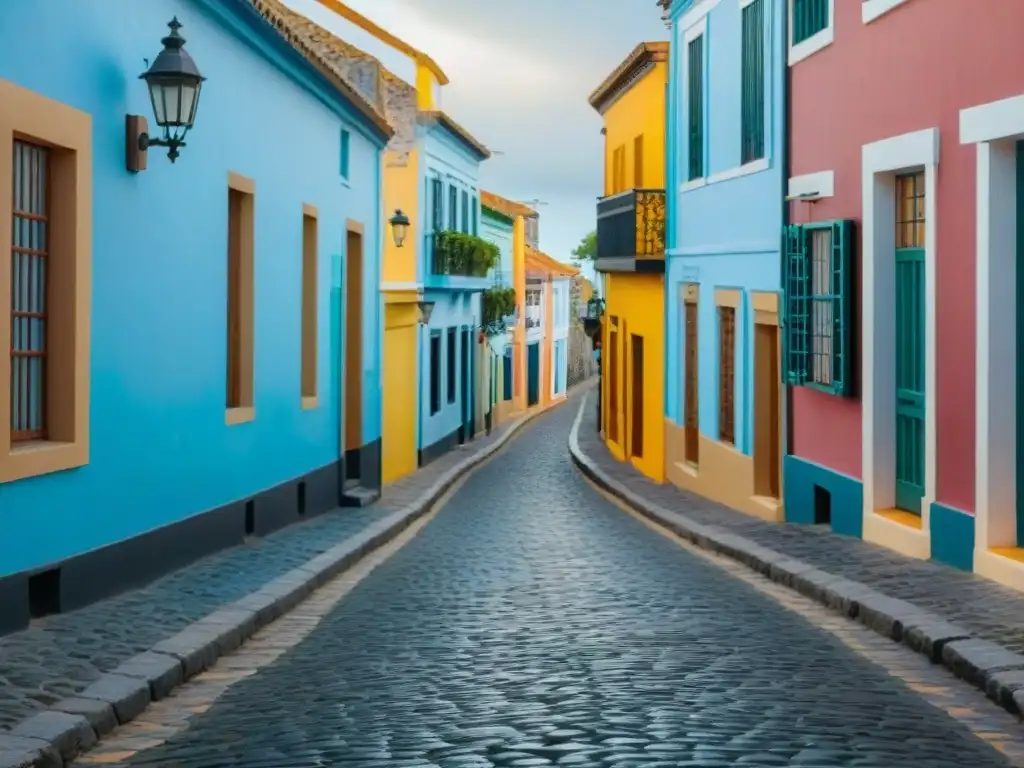 Recorridos privados por ciudades coloniales en Uruguay: una calle empedrada de Colonia del Sacramento con edificios coloniales coloridos y lugareños en trajes tradicionales, en un día soleado