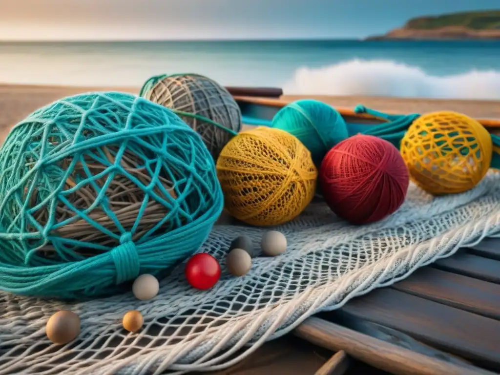 Una red de pesca desgastada con flotadores coloridos sobre aguas tranquilas, junto a barcos tradicionales en Uruguay