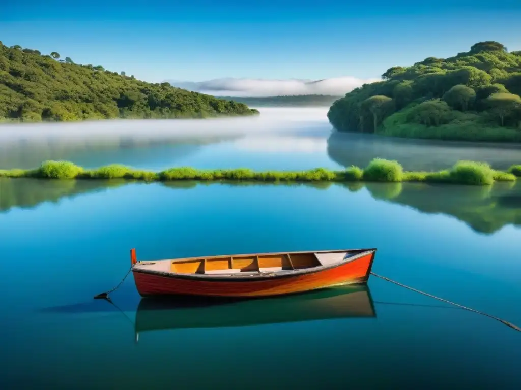 Reflejo sereno en lago de Uruguay, con vegetación exuberante y bote de pesca de madera flotando en aguas tranquilas