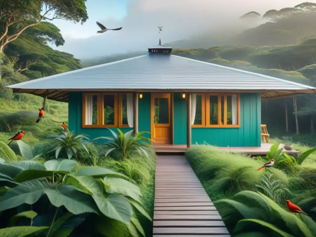 Refugio familiar en Uruguay: ecolodge en bosque exuberante, cartel de madera y aves coloridas entre árboles