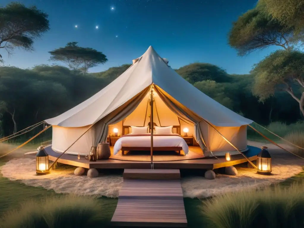 Un refugio de glamping de lujo en Uruguay bajo un cielo estrellado y acogedor interior, evocando exclusividad y tranquilidad