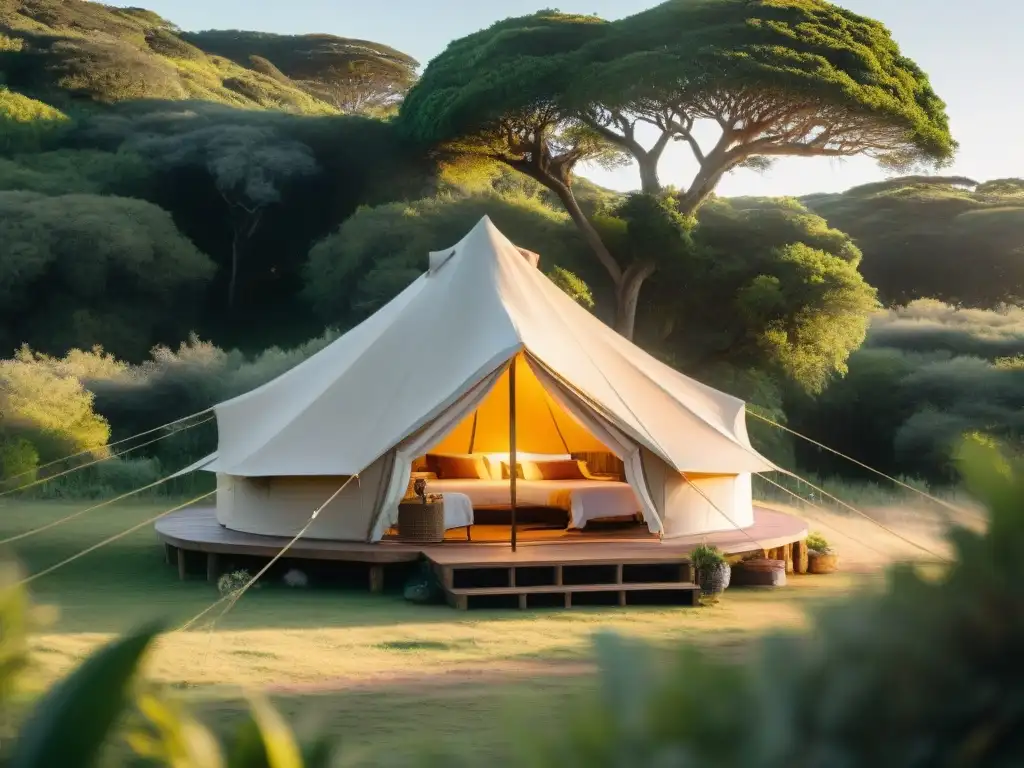 Un refugio de lujo en la naturaleza uruguaya al atardecer, con tienda de glamping elegante y acogedora