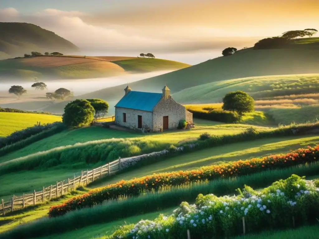 Un refugio rural secreto en Uruguay: una casa de piedra centenaria entre colinas verdes, valla de madera y flores vibrantes al atardecer