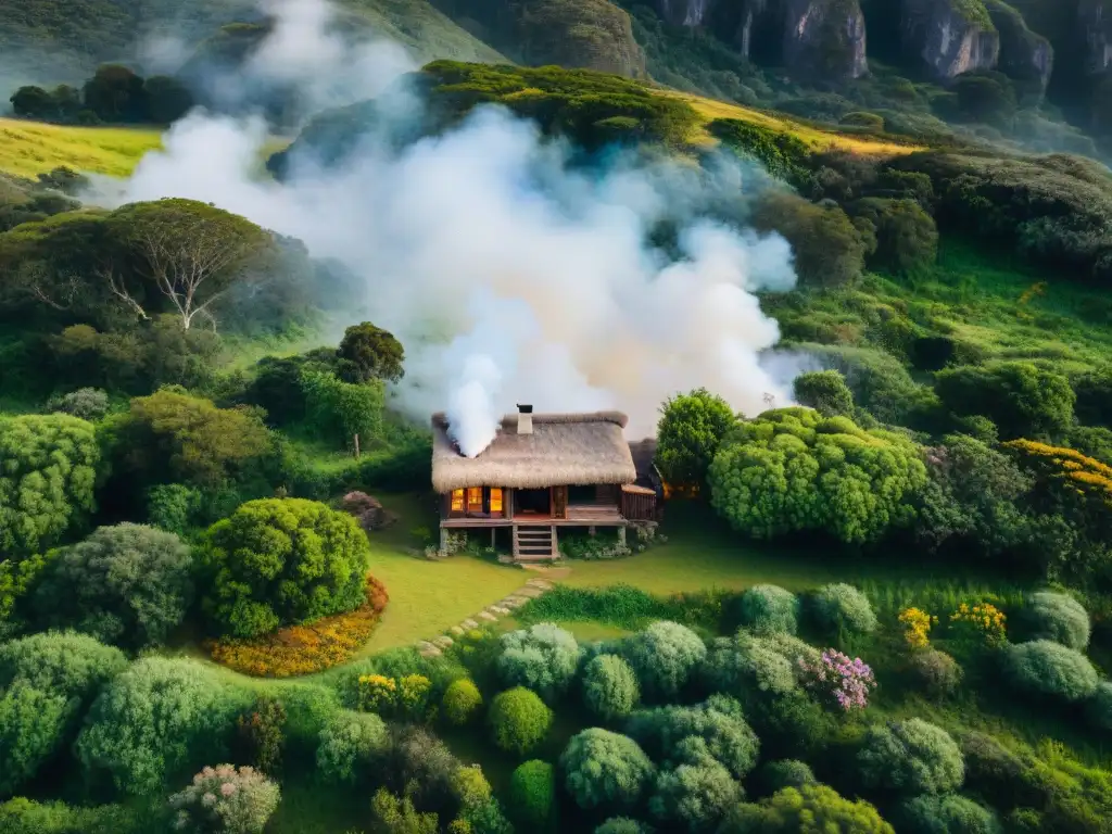 Refugio rústico entre colinas verdes en Uruguay, rodeado de flores silvestres y árboles altos