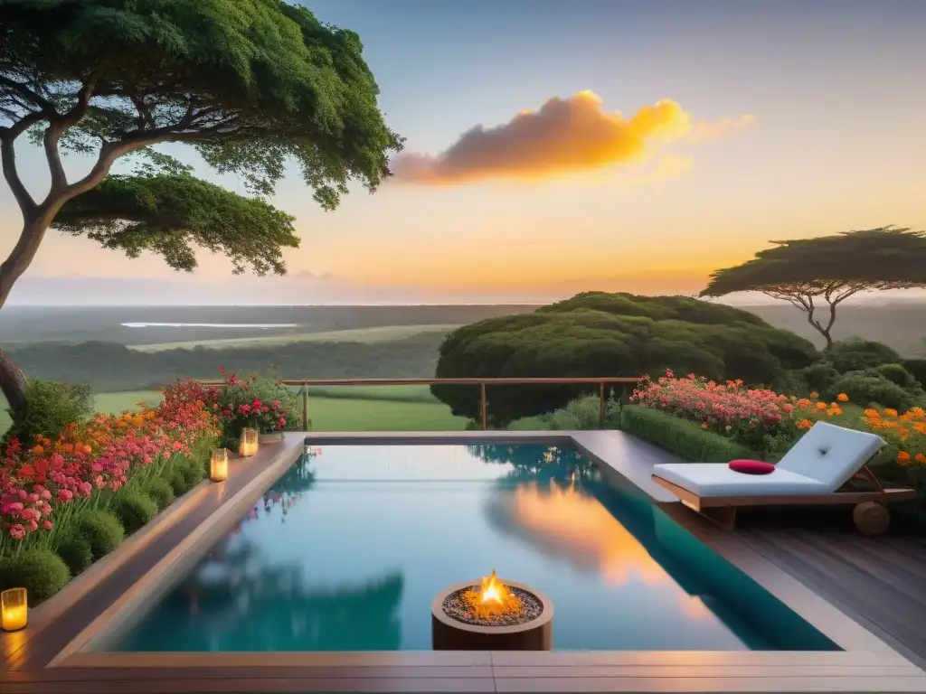 Un refugio de serenidad en un hotel boutique tranquilo en Uruguay: hamaca meciéndose en el deck de madera, piscina infinita y atardecer vibrante