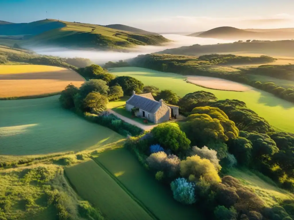 Un refugio sereno en el turismo rural de Uruguay: paisaje idílico con colinas verdes, edificaciones rústicas y río serpenteante al atardecer