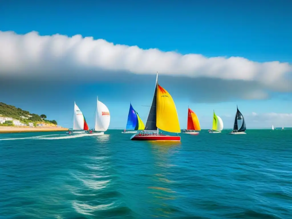 Regatas emocionantes en Uruguay: Veleros compitiendo en una regata con spinnakers coloridos en una emocionante curva costera