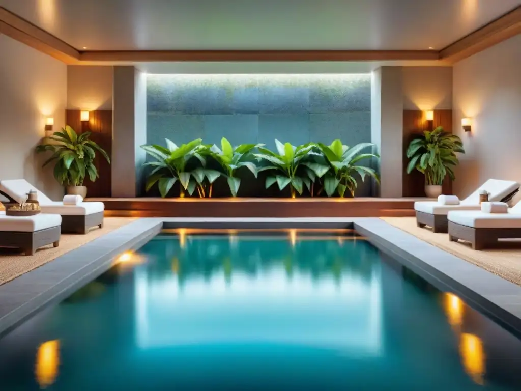 Relajante spa de lujo en Uruguay con piscina cubierta, iluminación suave y vegetación exuberante