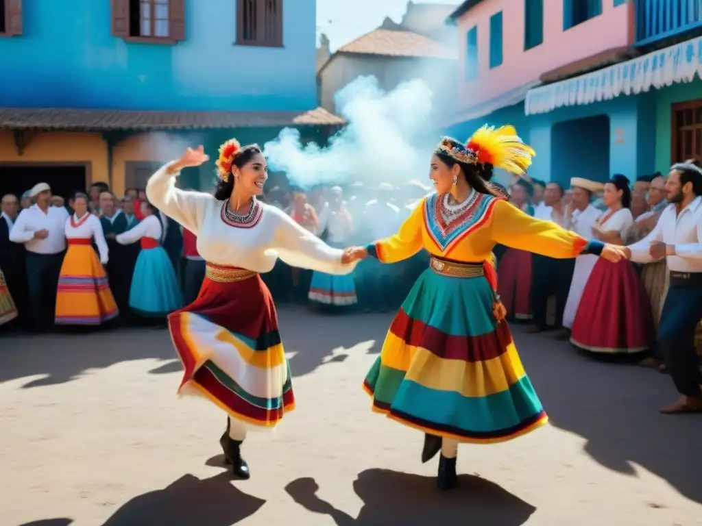 Un remolino de colores y movimiento en una danza tradicional uruguaya durante festivales