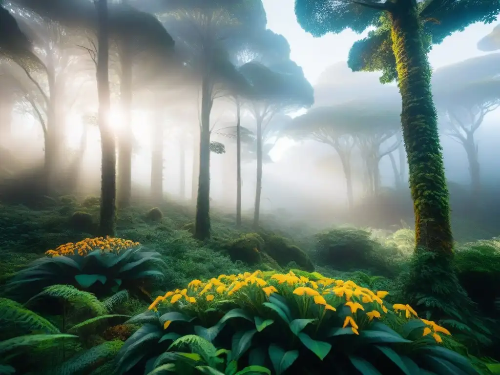 Reserva natural en Uruguay: exuberante bosque biodiverso con aves tropicales, árboles gigantes y flores exóticas bajo la cálida luz del sol