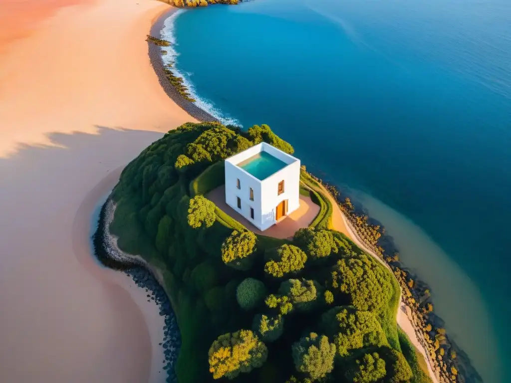 Resplandeciente Casapueblo en Punta Ballena al atardecer, capturado por un dron