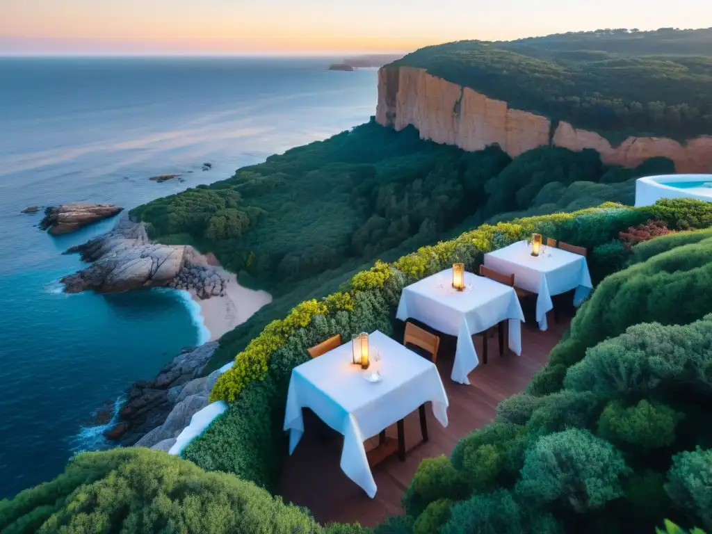 Un restaurante de lujo en Punta del Este, con terraza elegante sobre acantilado y comensales disfrutando de platos gourmet al atardecer