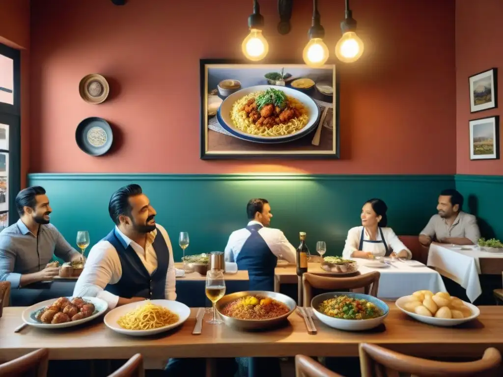 Un restaurante uruguayo tradicional con influencias europeas en su cocina, clientes disfrutando de platos europeos