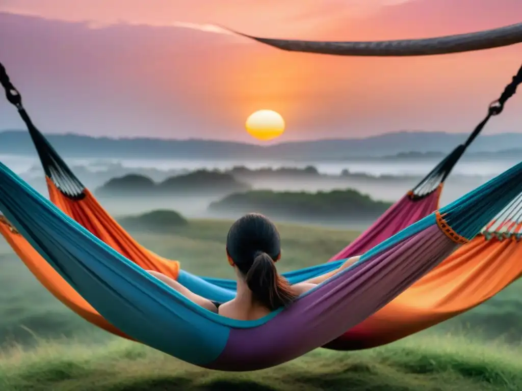 Retiro de yoga aéreo en Uruguay: grupo en hamacas de colores durante una sesión al atardecer, con cielo naranja y rosa