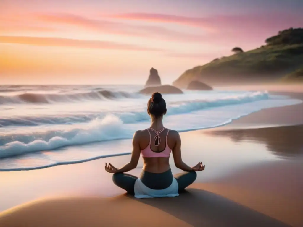 Retiro de yoga en Uruguay: un atardecer sereno en una playa dorada, donde la tranquilidad se fusiona con el océano