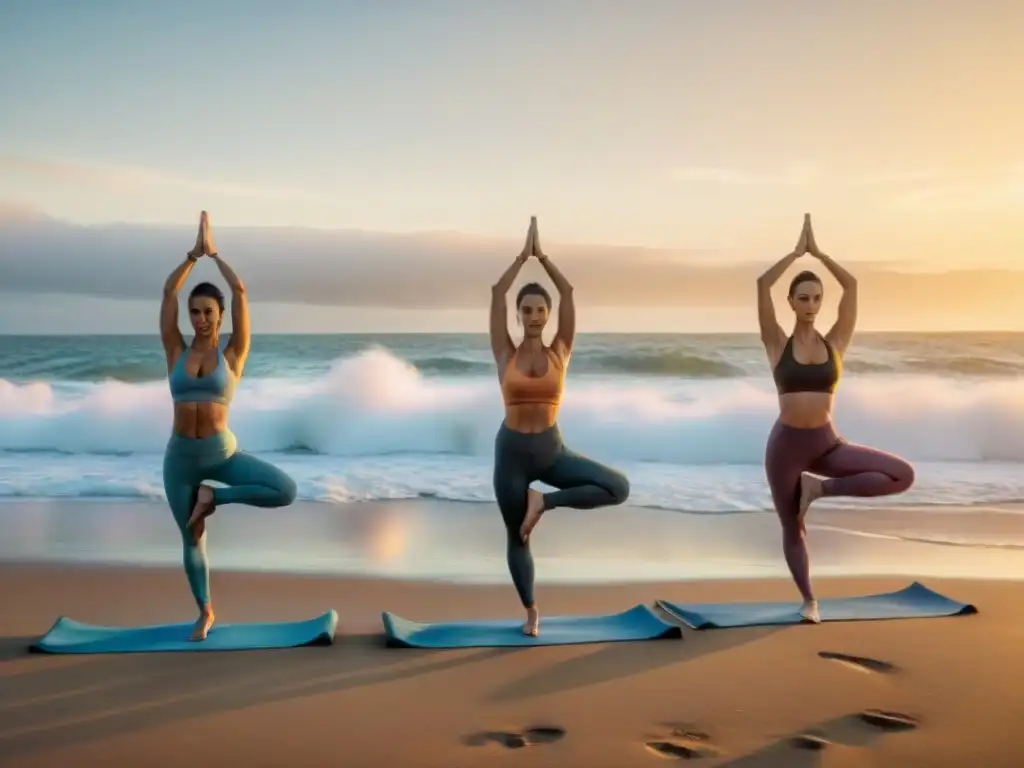 Retiro de yoga avanzado en la playa al amanecer en Uruguay: practicantes ejecutan posturas sincronizadas con gracia y fuerza