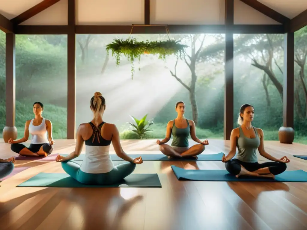 Retiro de yoga y meditación en Uruguay, en un bosque verde con luz filtrada entre las hojas