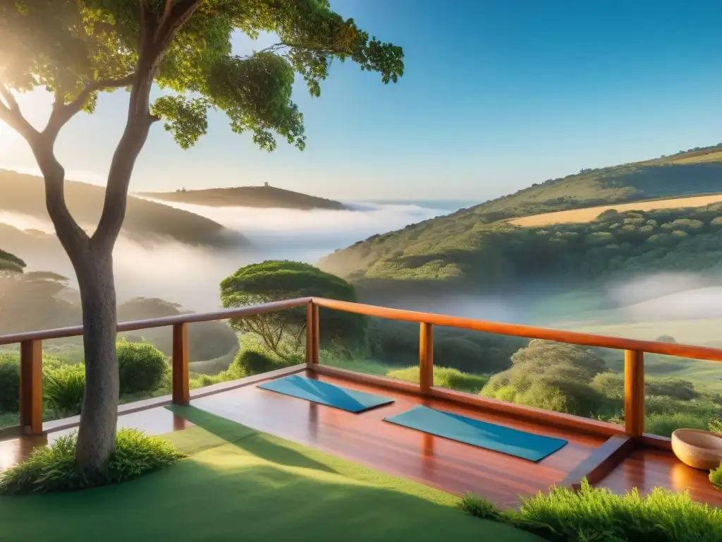 Retiro de yoga en Uruguay: Centro en las colinas verdes con cabañas de madera y manta de yoga en terraza al aire libre, bajo cielo azul