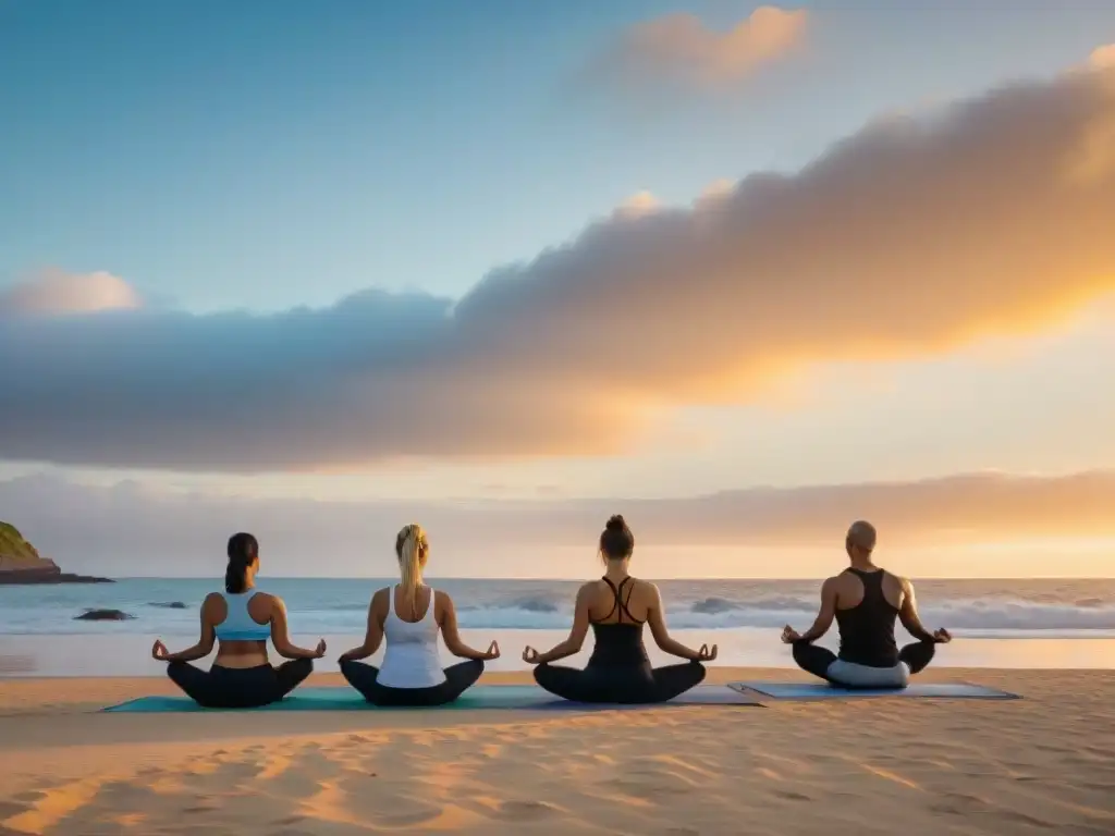 Retiro de yoga en la costa de Uruguay al amanecer, practicando posturas en la arena dorada con el mar de fondo