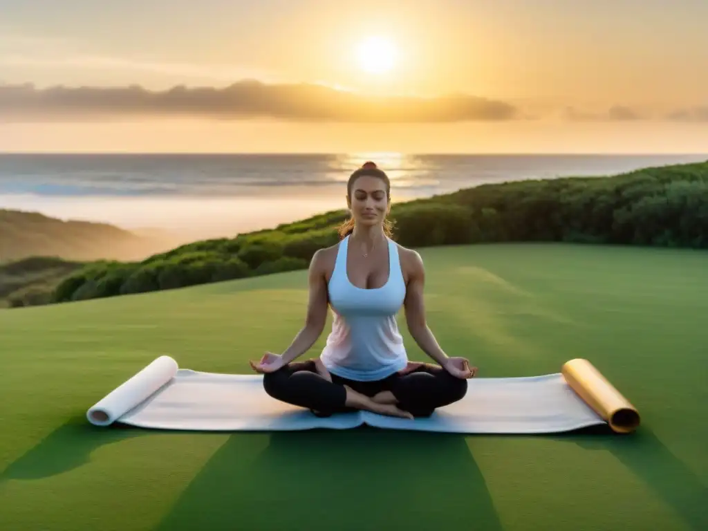 Retiro de yoga en Uruguay: Grupo diverso practica yoga en la costa al atardecer, transmitiendo serenidad y conexión espiritual