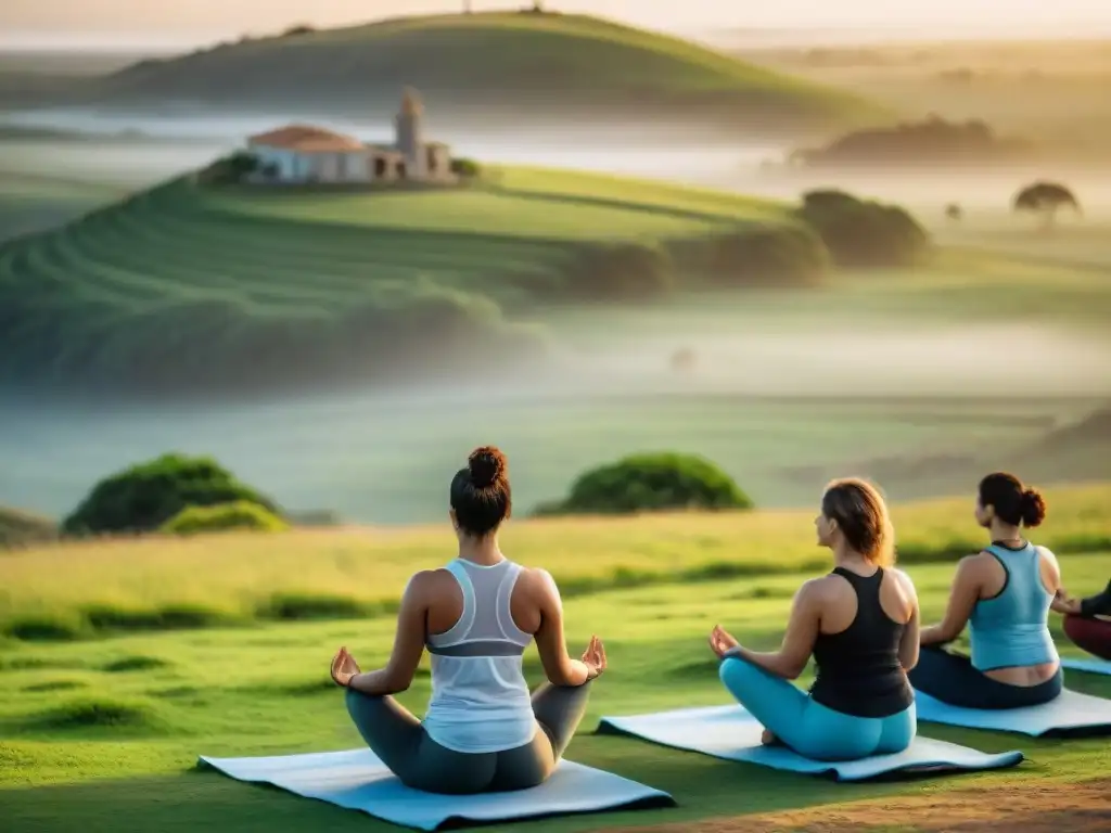 Retiro de yoga en Uruguay: grupo diverso practica yoga en un paisaje sereno al atardecer