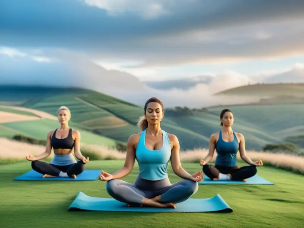 Retiro de yoga en Uruguay: grupo diverso practica posturas en prado verde, rodeado de colinas y arquitectura tradicional