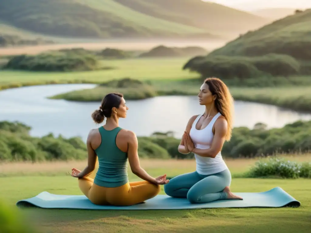 Retiro de yoga en Uruguay: Grupo diverso practica yoga en prado verde bajo la cálida luz dorada del atardecer, conectados con la naturaleza