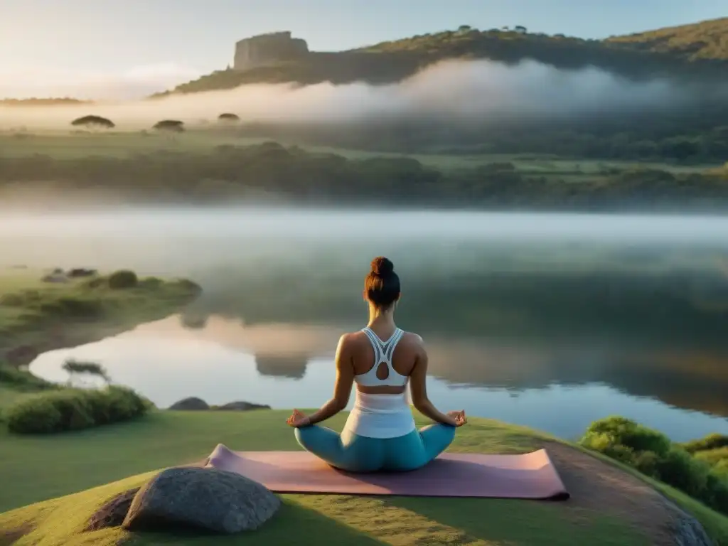 Retiro de yoga en Uruguay: grupo diverso en sesión al amanecer frente al lago, paz y mindfulness