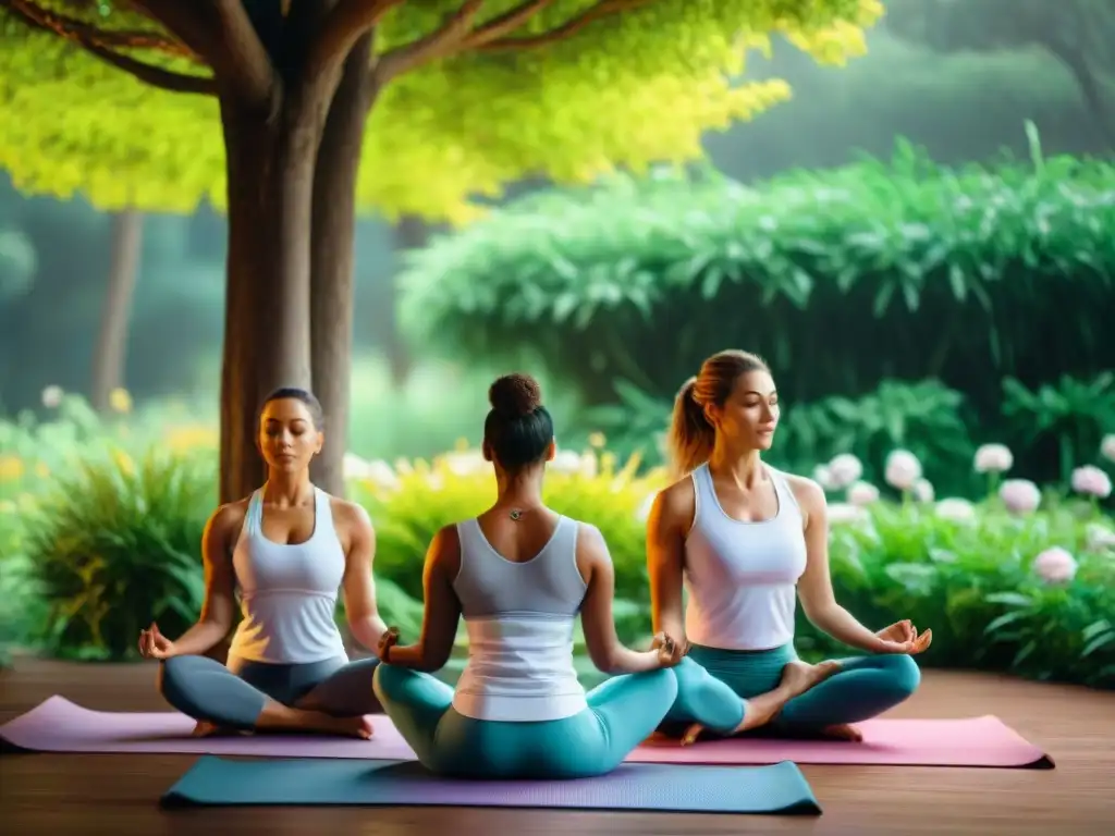 Retiro de yoga en Uruguay: grupo diverso practica yoga en jardín tranquilo, entre flores y árboles altos al sol de la mañana