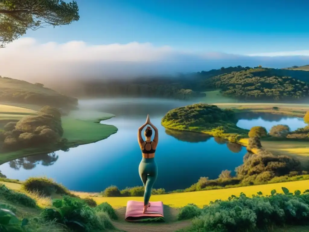 Retiro de yoga exclusivo en Uruguay: paisaje sereno con práctica de yoga al aire libre bajo árboles frondosos