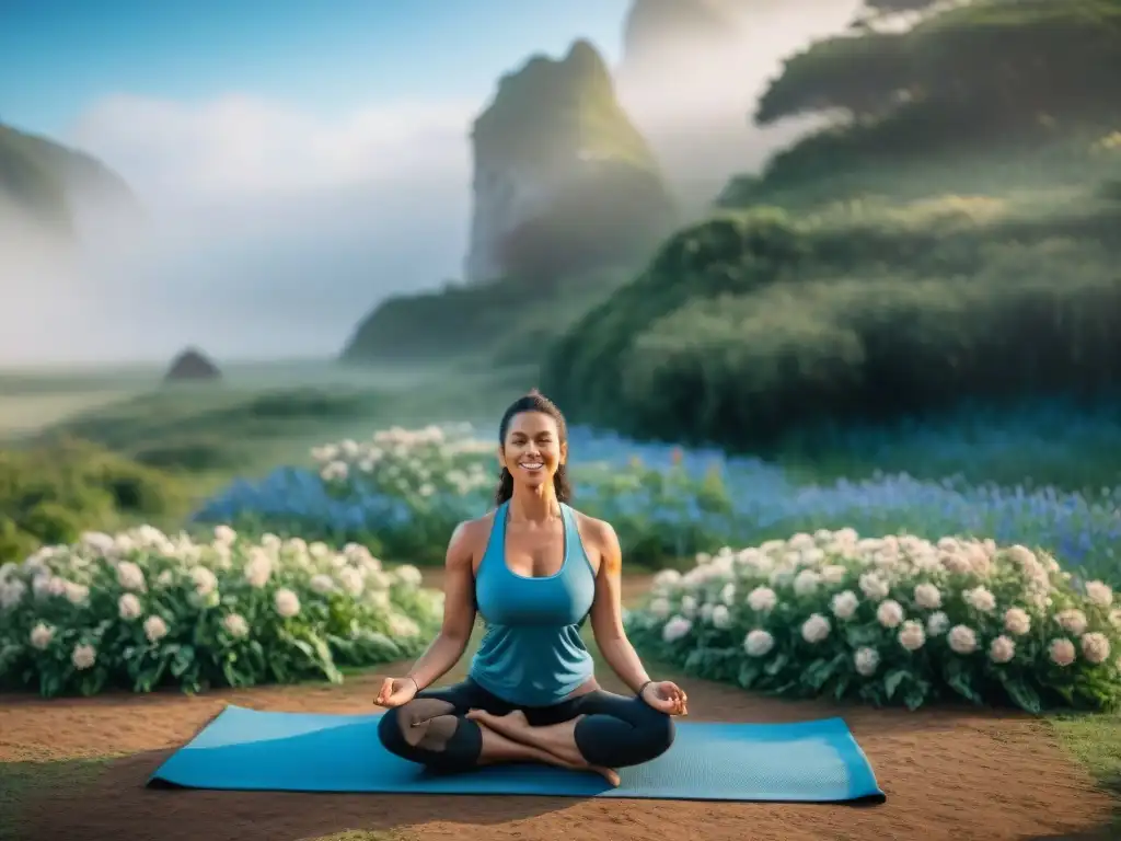 Retiro de yoga inclusivo en Uruguay: diversidad de personas practicando yoga juntas en un jardín verde y florido bajo el sol