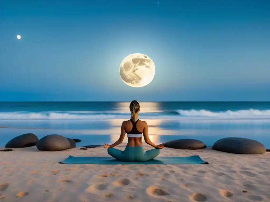 Retiro de meditación luna llena en la playa de Uruguay: gente practicando yoga bajo la luz de la luna, conexión total con la naturaleza nocturna