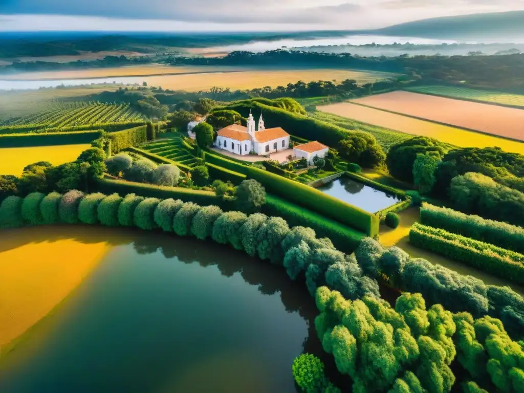 Un retiro de lujo en Uruguay: viñedos, edificios coloniales y lago al atardecer