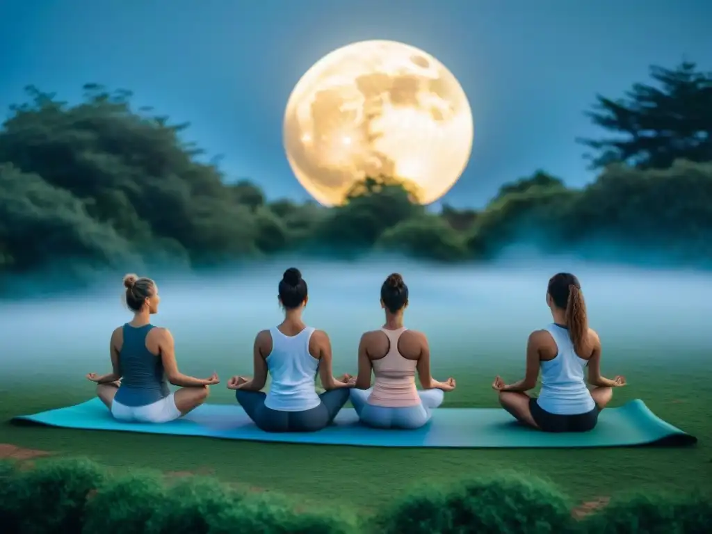 Retiro de meditación bajo la luna llena en Uruguay con personas practicando yoga en la naturaleza